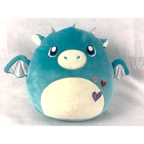 SquishMallows Tatiana The Teal Dragon 12" Plush Pillow with Hearts - Picture 1 of 9